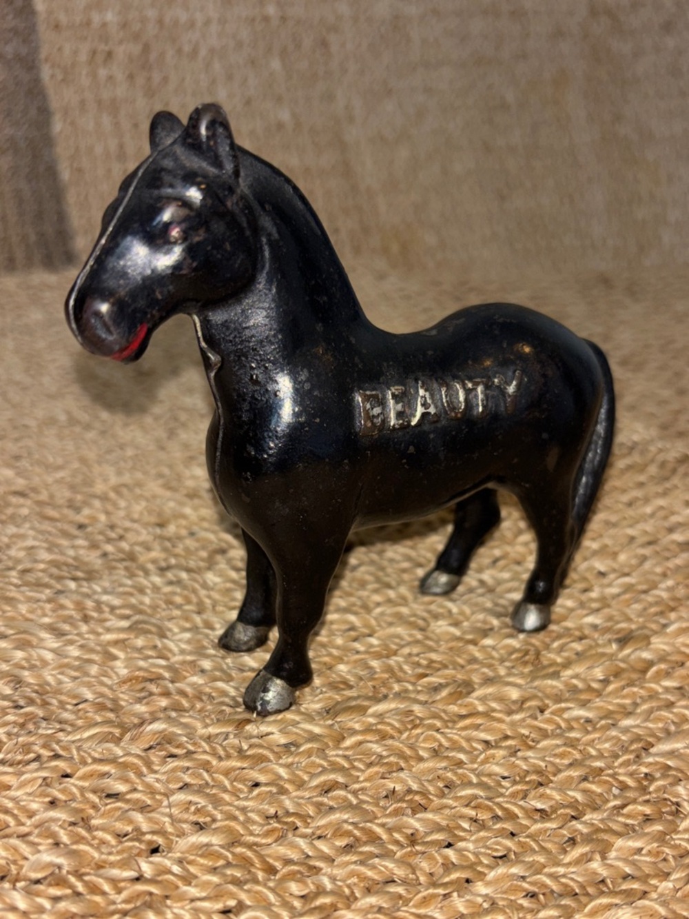 Antique Black Cast Iron “BEAUTY” Coin Bank Figurine
